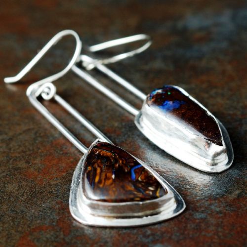 Handcrafted recycled sterling silver Asymmetric Boulder Opal Dangle Earrings